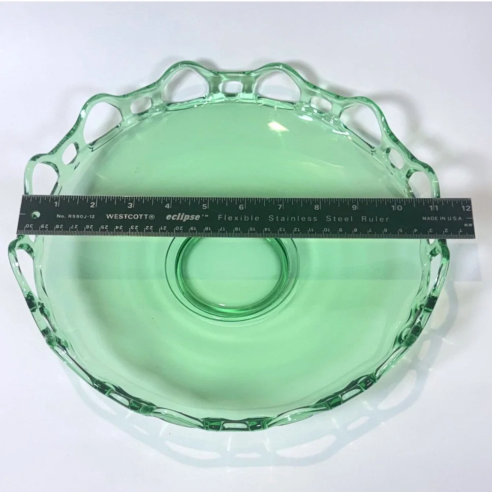 Vintage Green Uranium Glass Bowl Open Lace Edge Depression Glass Glows UV 11.5in
